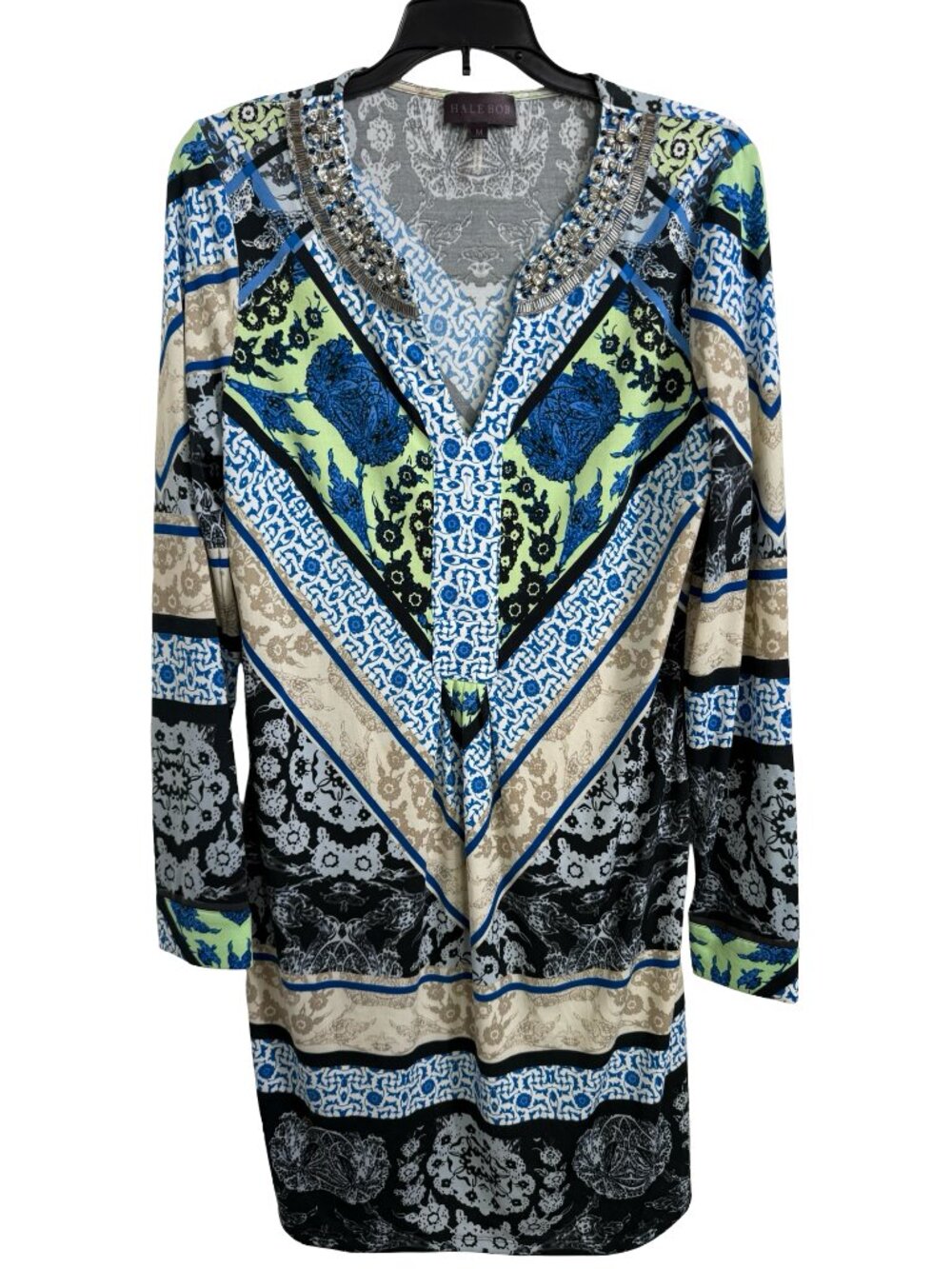 Hale Bob Shift Dress Medium Blue Beige Print Patchwork Bling Liquid Knit Boho